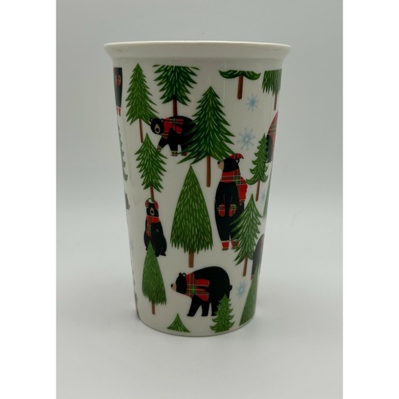 DEI Christmas Bear Mug Plaid Scarf Black Bears & Pine Trees Holiday Coffee Cup - Picture 2 of 8